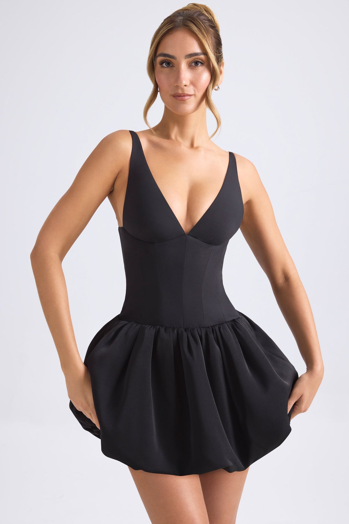 Lace-Up Bubble Hem Corset Micro Mini Dress in Black – view 6