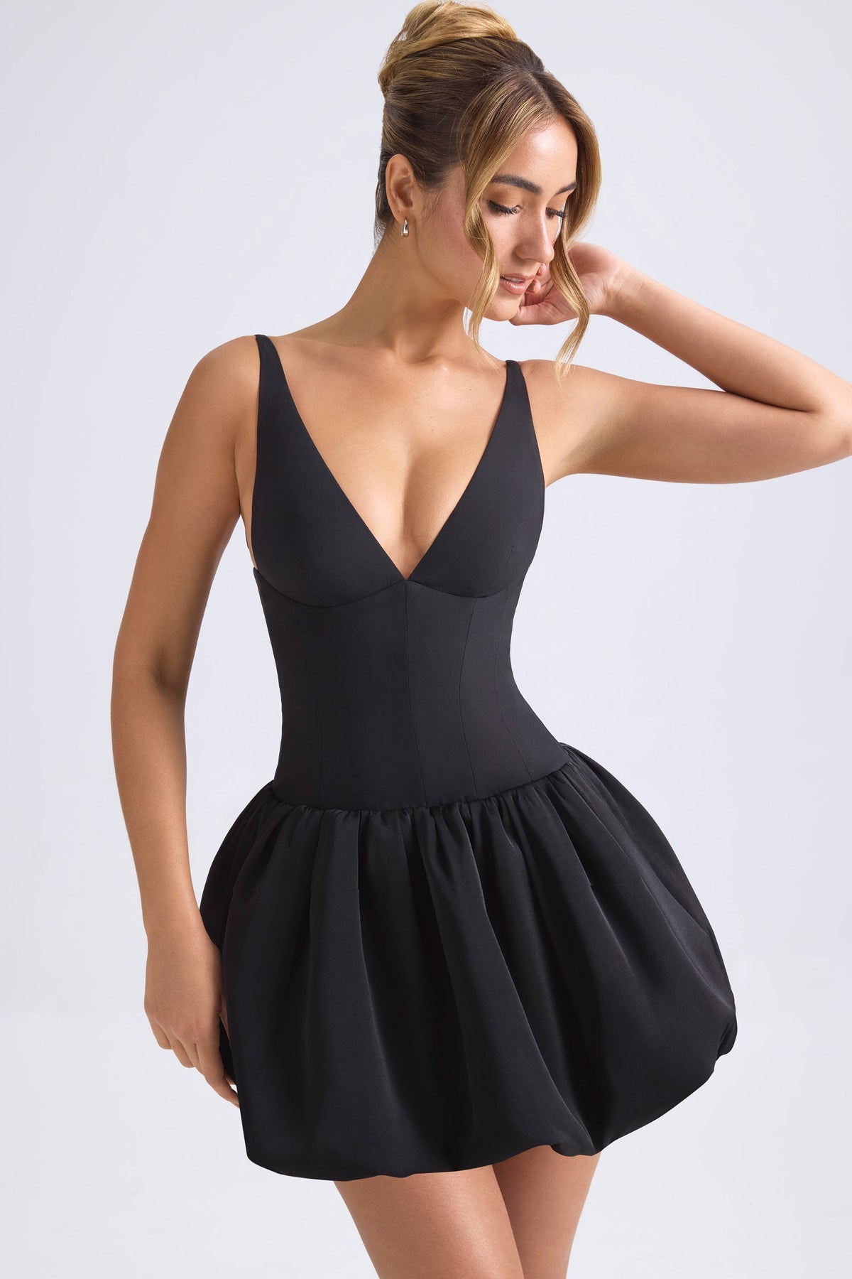 Lace-Up Bubble Hem Corset Micro Mini Dress in Black – view 1