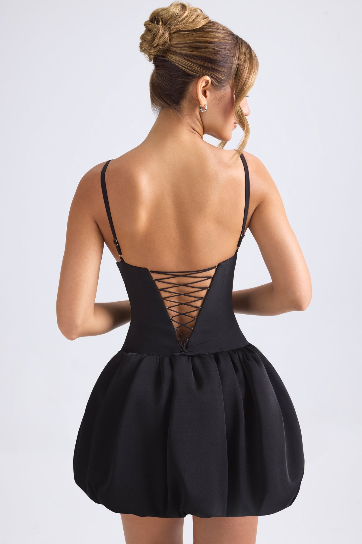 Lace-Up Bubble Hem Corset Micro Mini Dress in Black – view 2