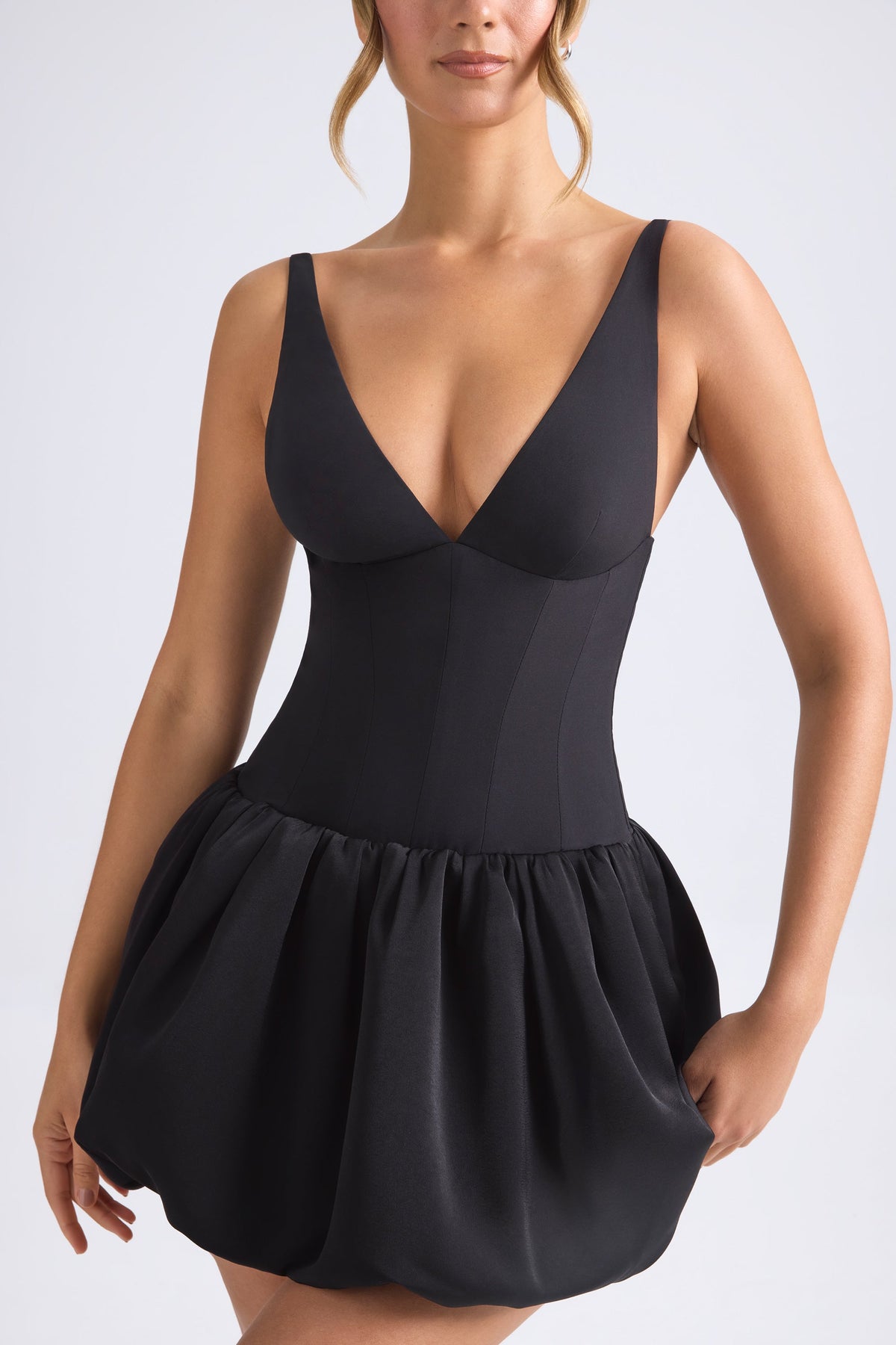 Lace-Up Bubble Hem Corset Micro Mini Dress in Black – view 4