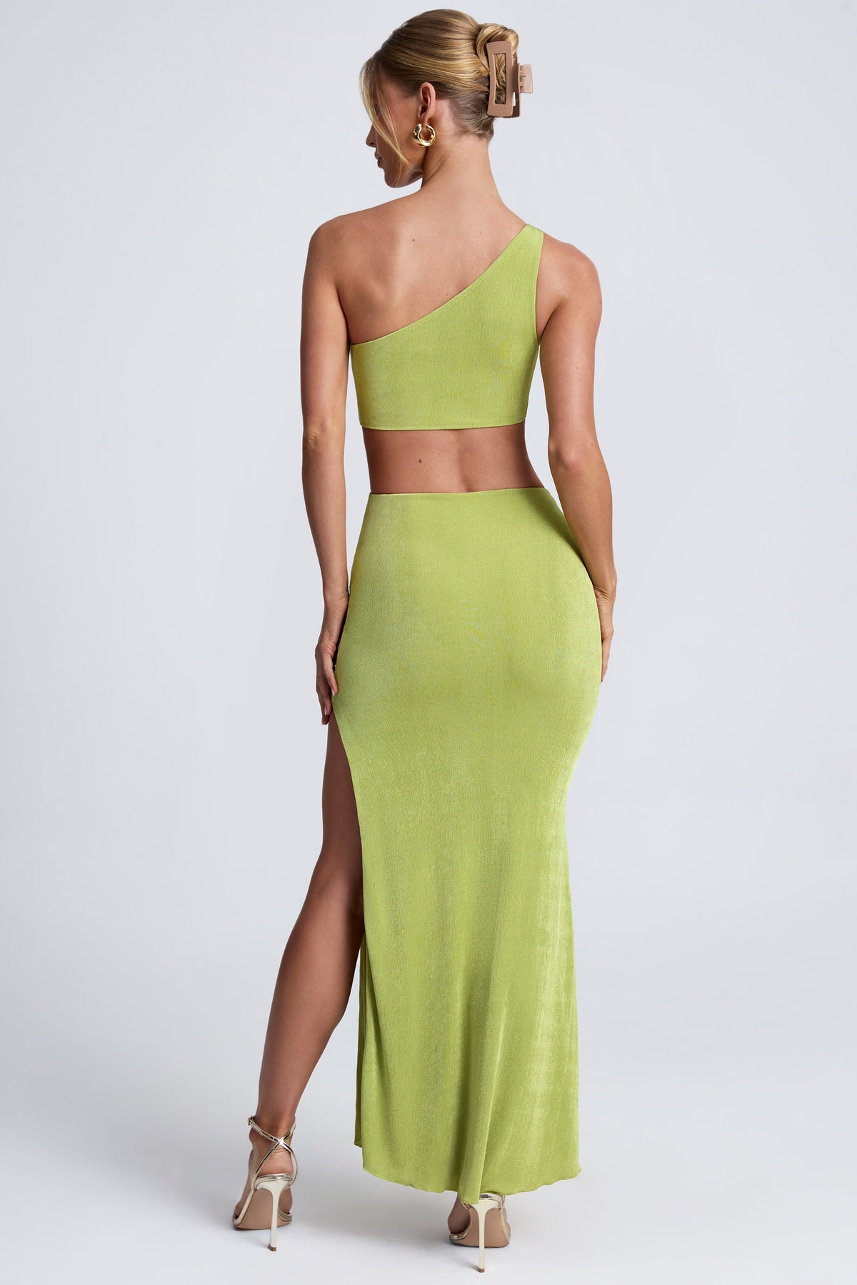 Hardware Detail One-Shoulder Maxi Dress in Olive Green – view 2