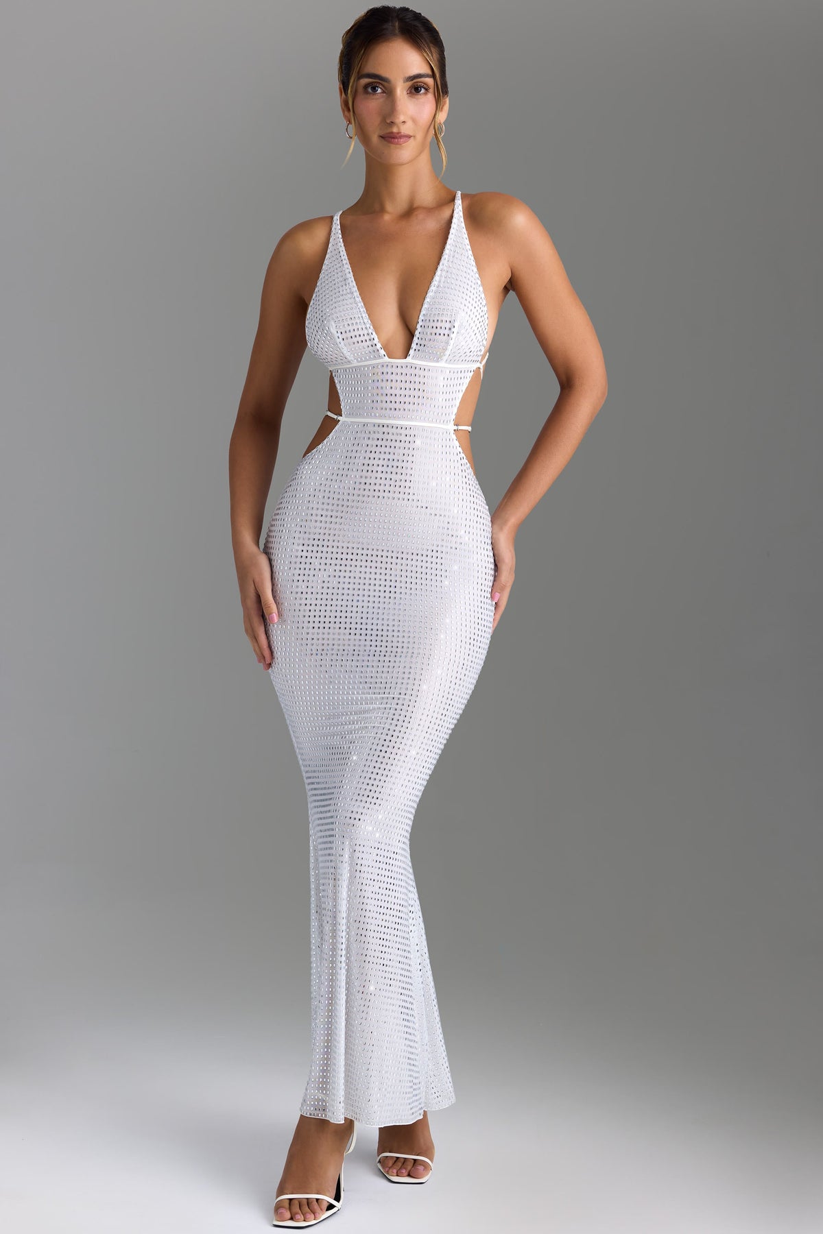 Embellished Cut-Out Backless Maxi Dress in White – view 1