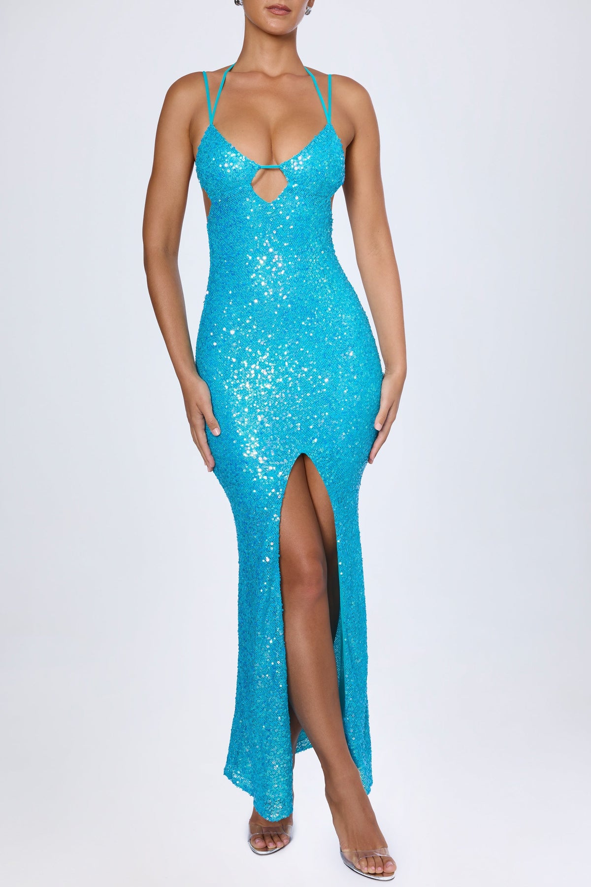 Embellished Cut-Out Halterneck Maxi Dress in Turquoise – view 4