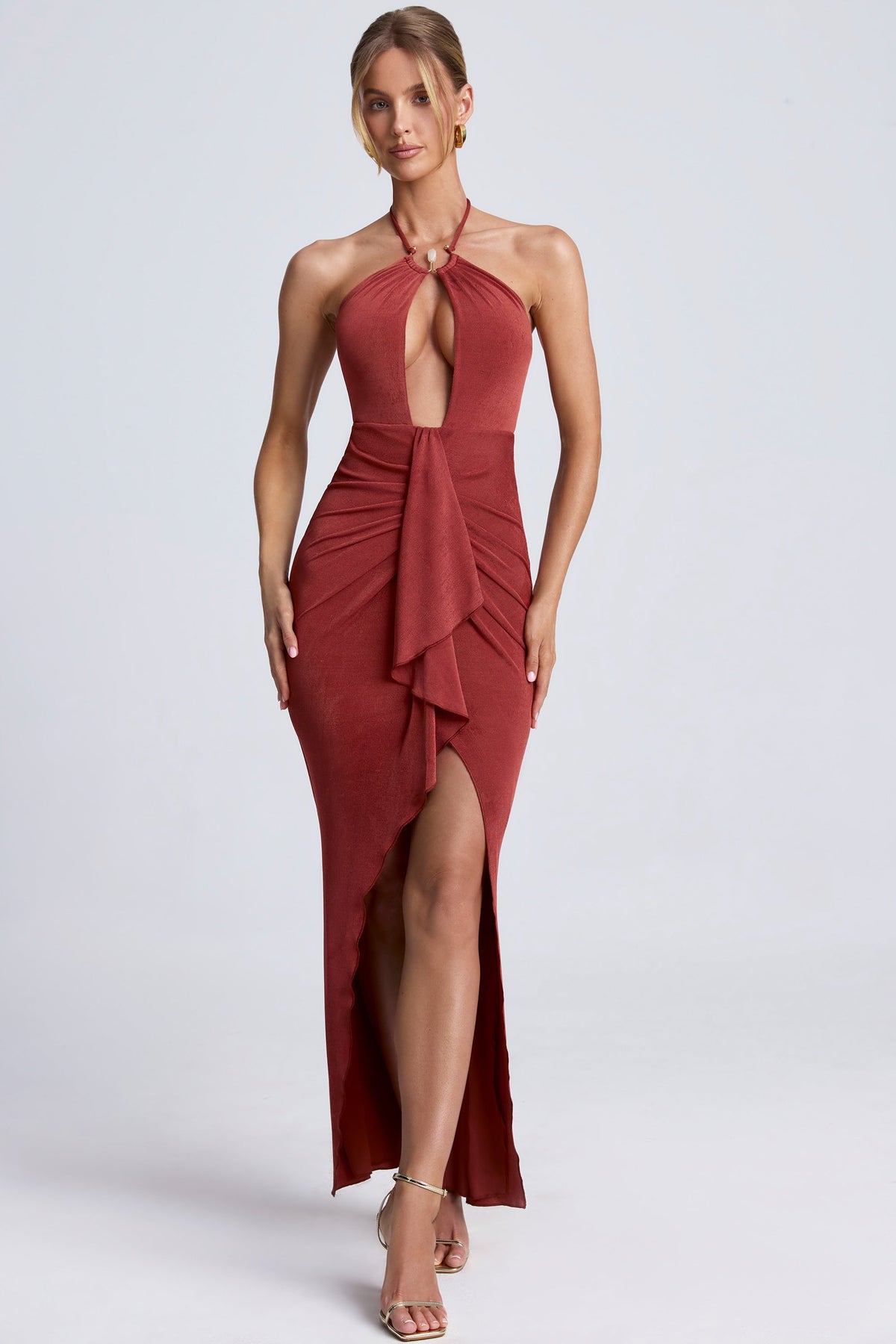 Hardware Detail Cut-Out Halterneck Maxi Dress in Auburn Brown – view 6