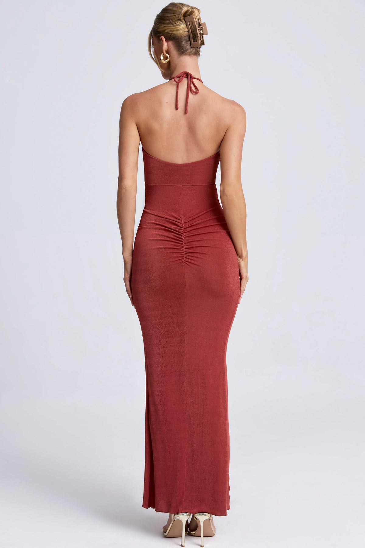 Hardware Detail Cut-Out Halterneck Maxi Dress in Auburn Brown – view 2