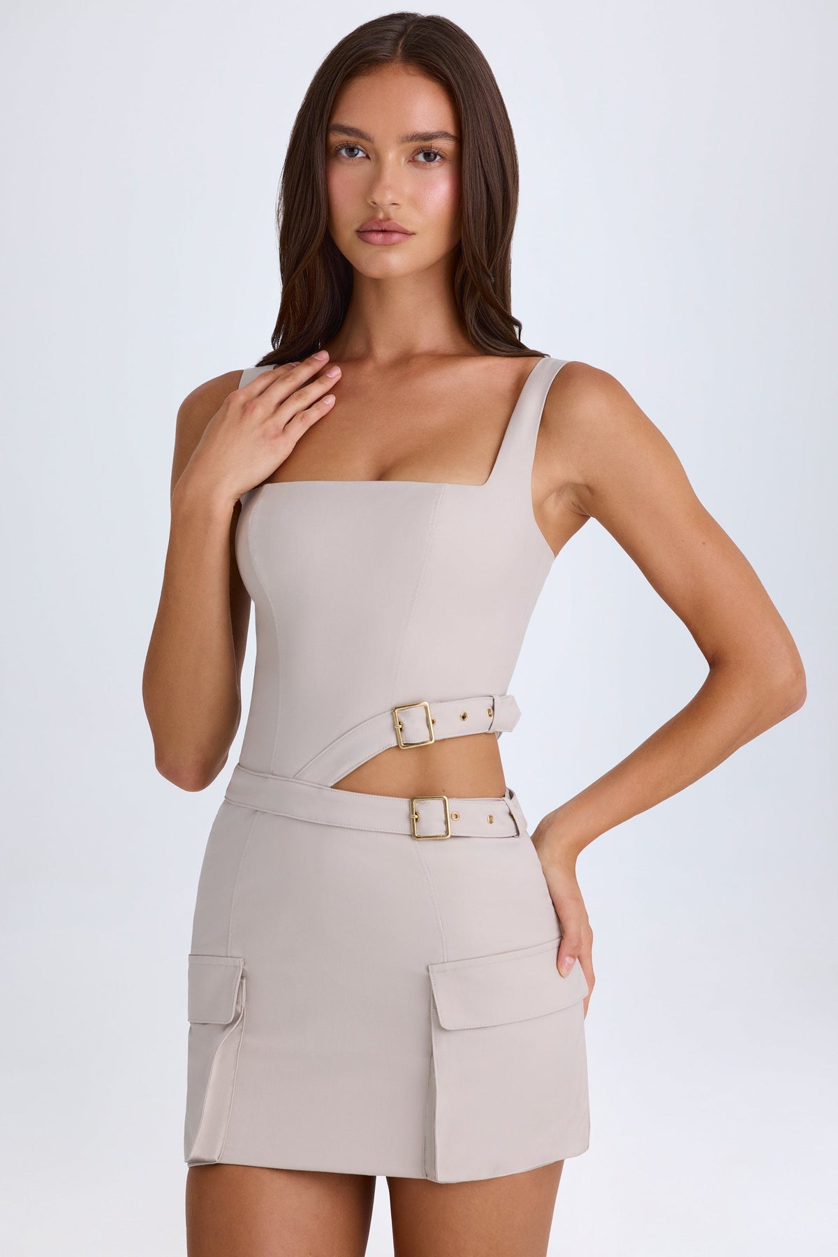 Belted Cut-Out Mini Dress in Taupe – view 6
