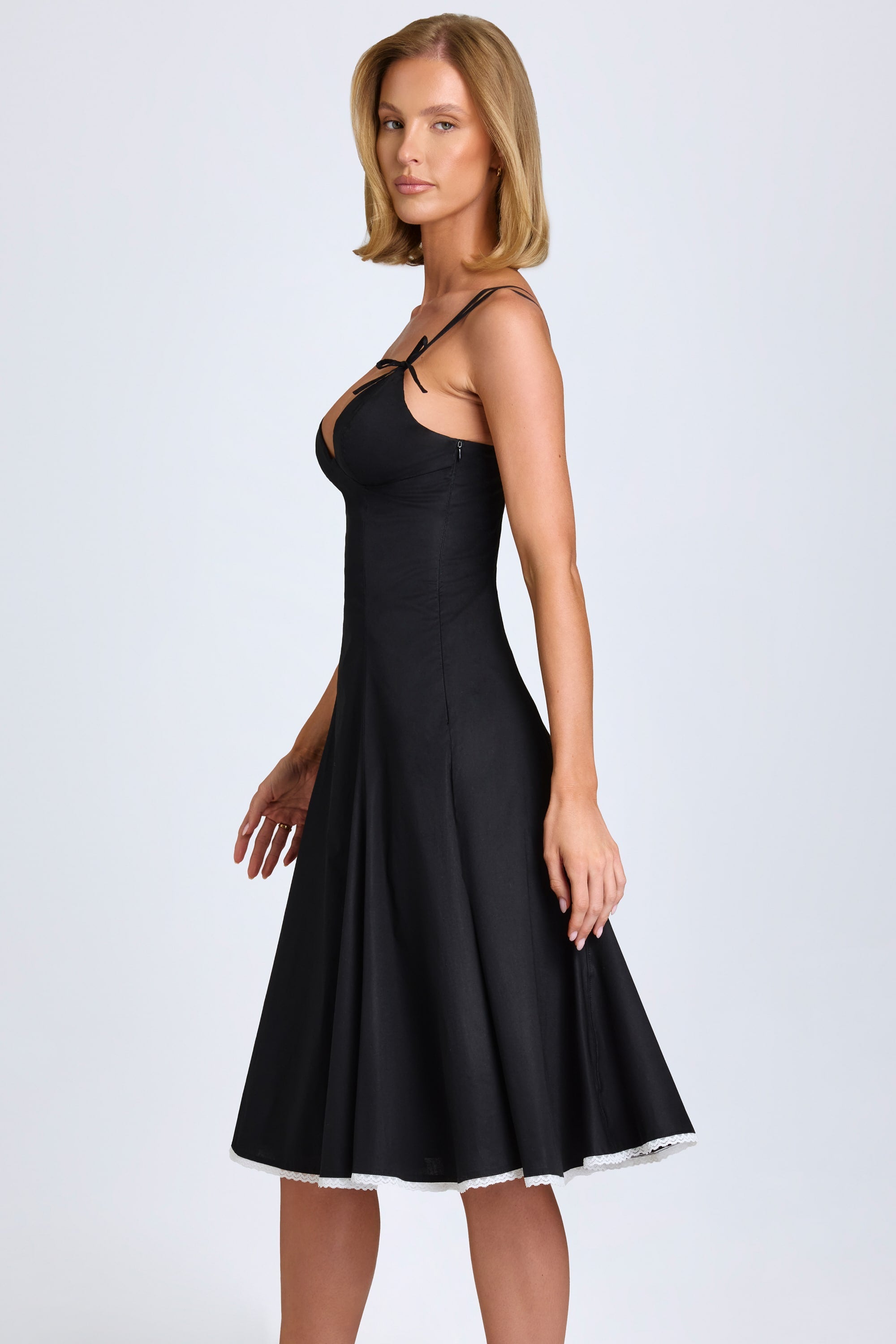 Bow-Detail A-Line Midi Dress in Black