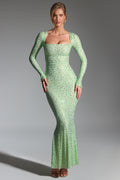 Embellished Long-Sleeve Fishtail Maxi Dress in Pistachio – view 1
