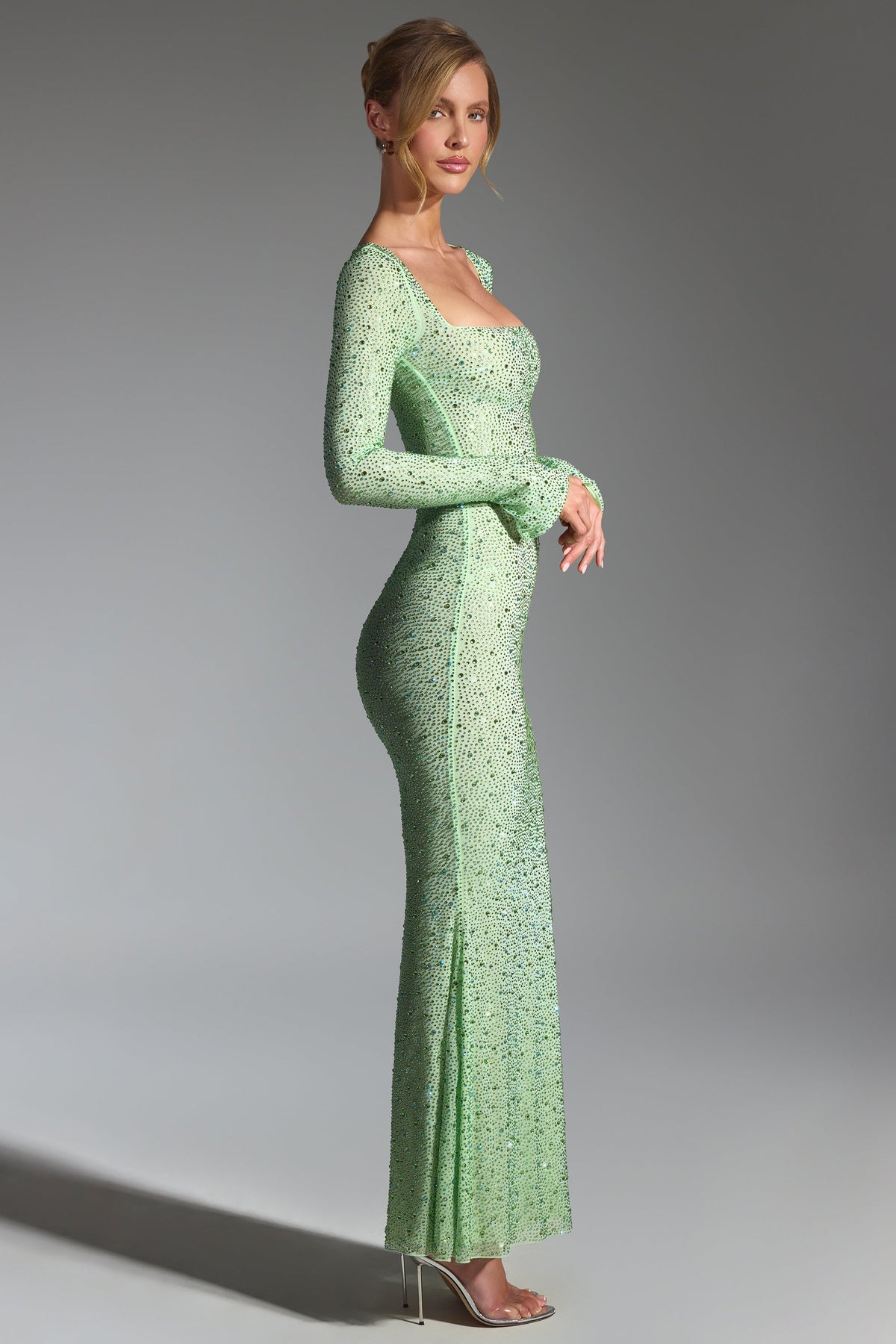 Embellished Long-Sleeve Fishtail Maxi Dress in Pistachio – view 3