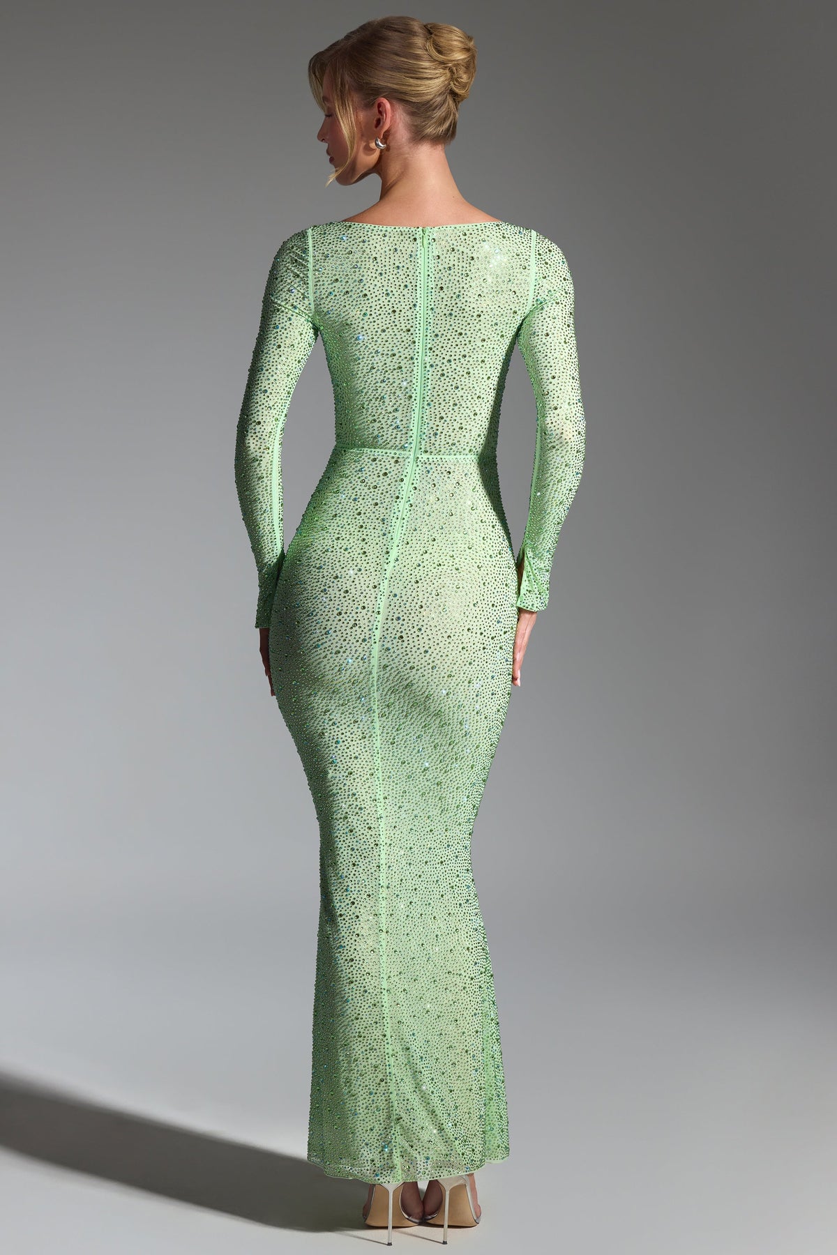 Embellished Long-Sleeve Fishtail Maxi Dress in Pistachio – view 2