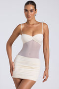 Sheer Panelled Ruched Mini Dress in Ivory – view 1
