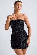 Floral-Appliqué Bandeau A-Line Mini Dress in Black – view 1