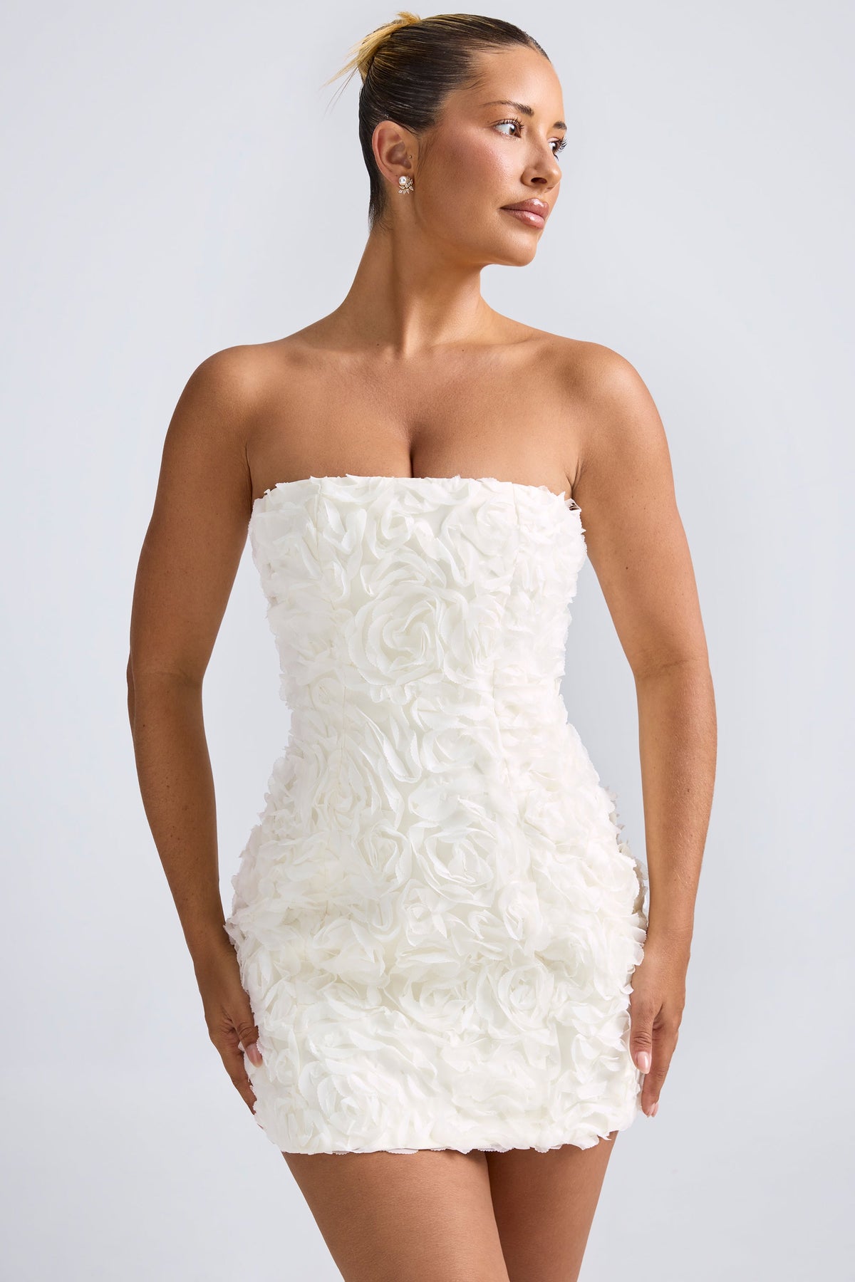 Floral-Appliqué Bandeau A-Line Mini Dress in White – view 5