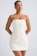 Floral-Appliqué Bandeau A-Line Mini Dress in White – view 1