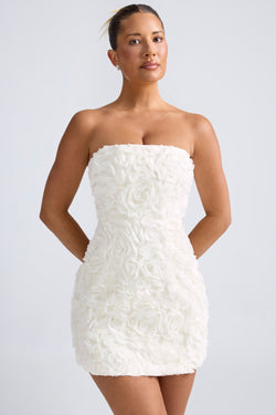 Floral-Appliqué Bandeau A-Line Mini Dress in White – view 1