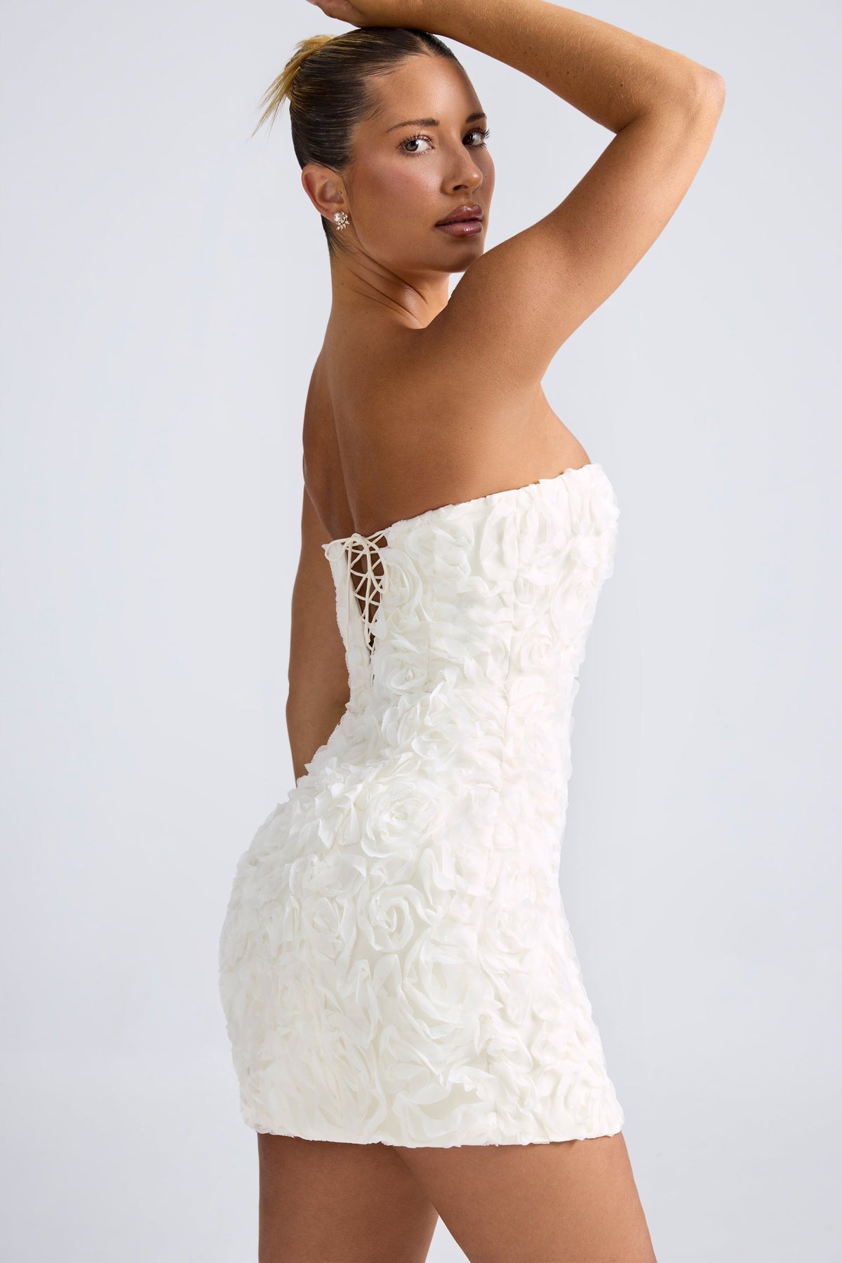 Floral-Appliqué Bandeau A-Line Mini Dress in White – view 3