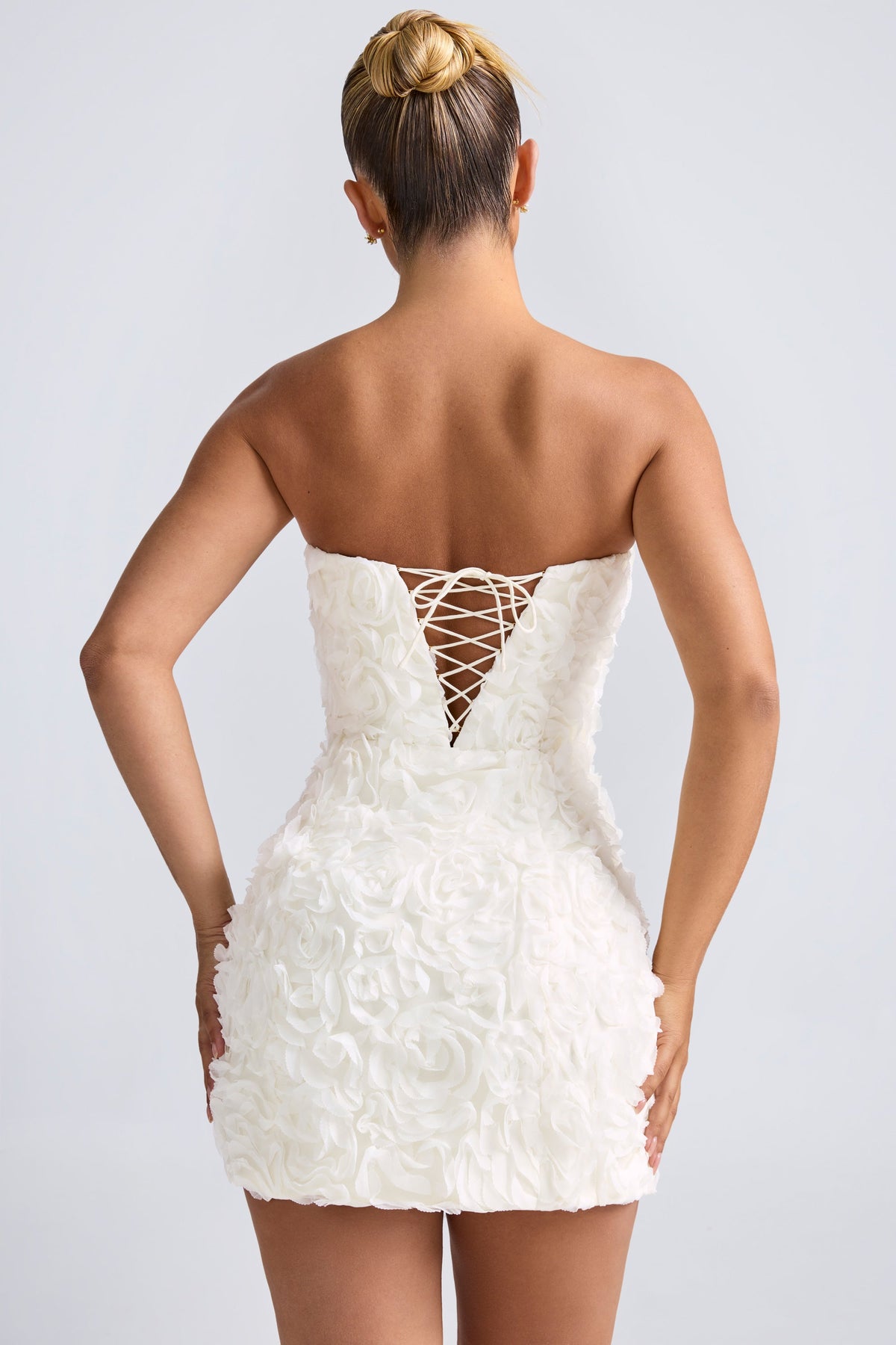 Floral-Appliqué Bandeau A-Line Mini Dress in White – view 2
