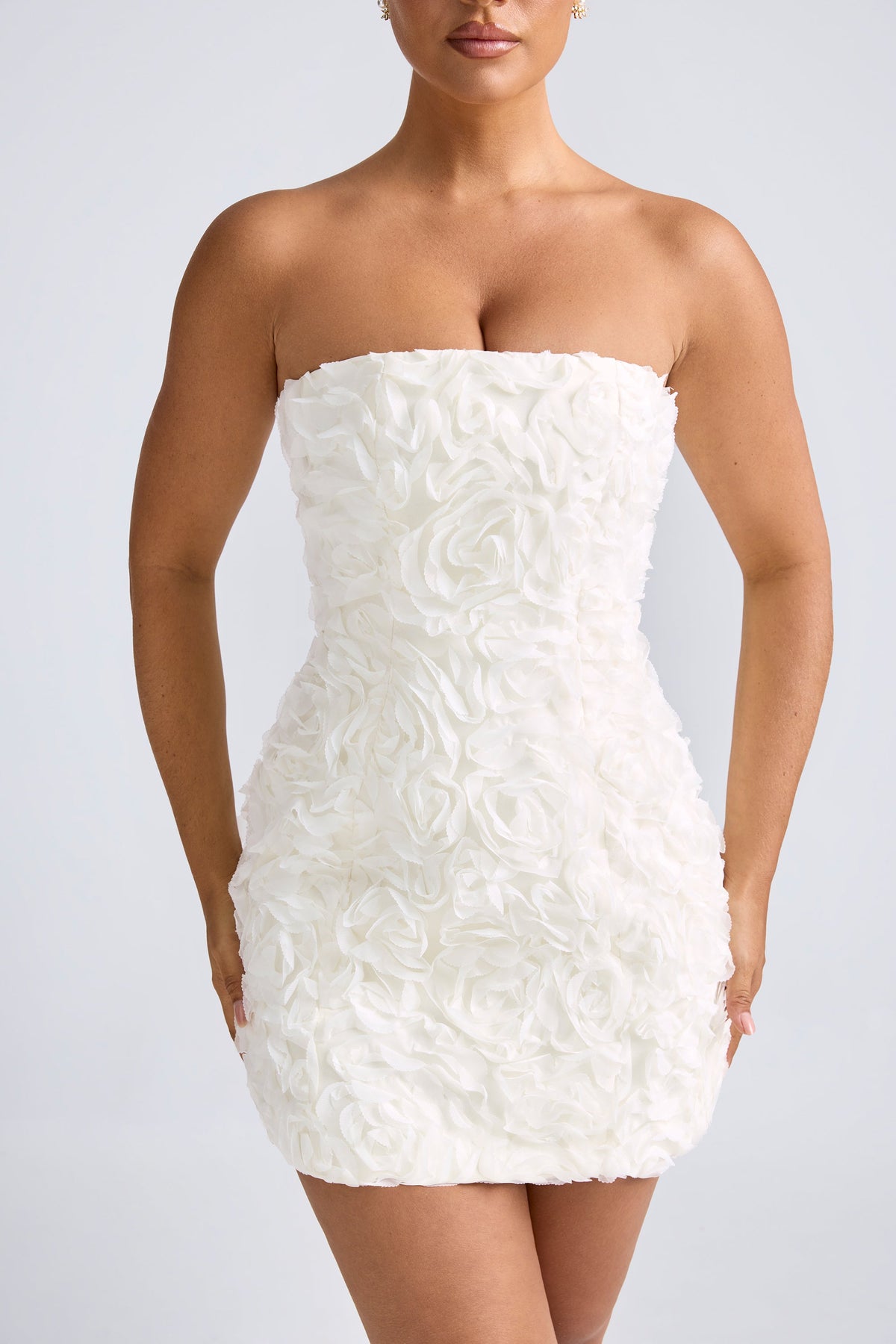 Floral-Appliqué Bandeau A-Line Mini Dress in White – view 4