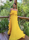 Robe cocktail chic bohème jaune