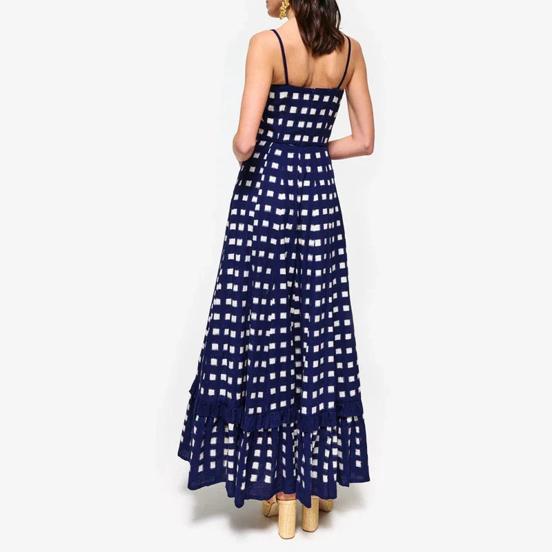 Boho Beach Vintage Plaid A-line Dress Checkerboard Print Ruffles Trim Flowy Dress Women Sleeveless Spaghetti Strap Maxi Dress