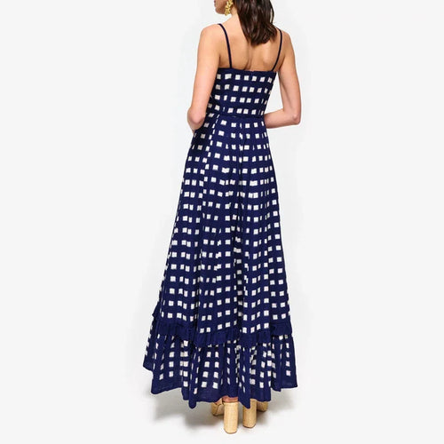 Boho Beach Vintage Plaid A-line Dress Checkerboard Print Ruffles Trim Flowy Dress Women Sleeveless Spaghetti Strap Maxi Dress