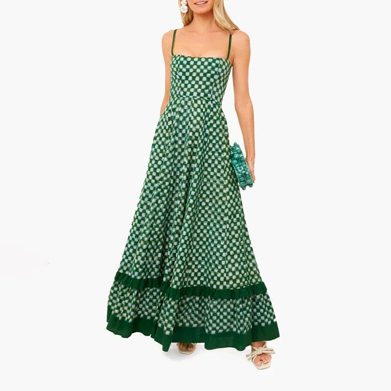 Boho Beach Vintage Plaid A-line Dress Checkerboard Print Ruffles Trim Flowy Dress Women Sleeveless Spaghetti Strap Maxi Dress