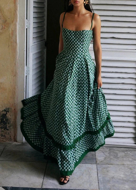 Boho Beach Vintage Plaid A-line Dress Checkerboard Print Ruffles Trim Flowy Dress Women Sleeveless Spaghetti Strap Maxi Dress