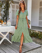 Ladies Vintage Long Floral Print Summer Dress Women Loose Casual Button Bohemian Beach Dress Women Sundress Robe Dresses Female