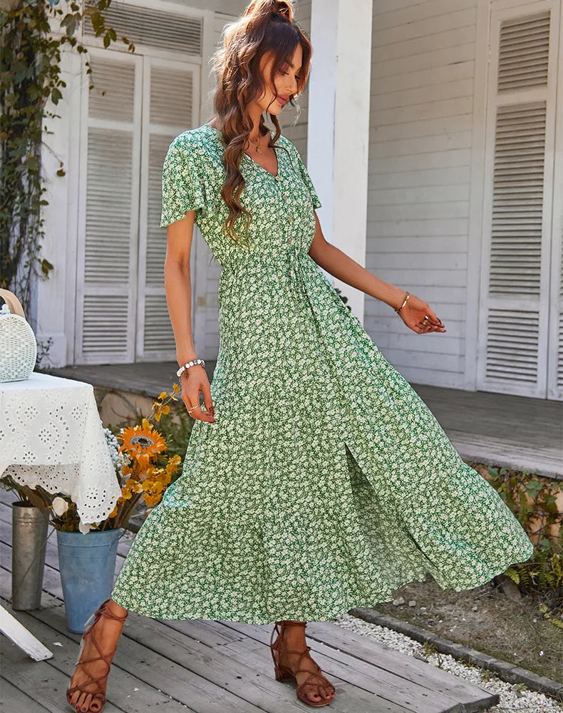 Ladies Vintage Long Floral Print Summer Dress Women Loose Casual Button Bohemian Beach Dress Women Sundress Robe Dresses Female