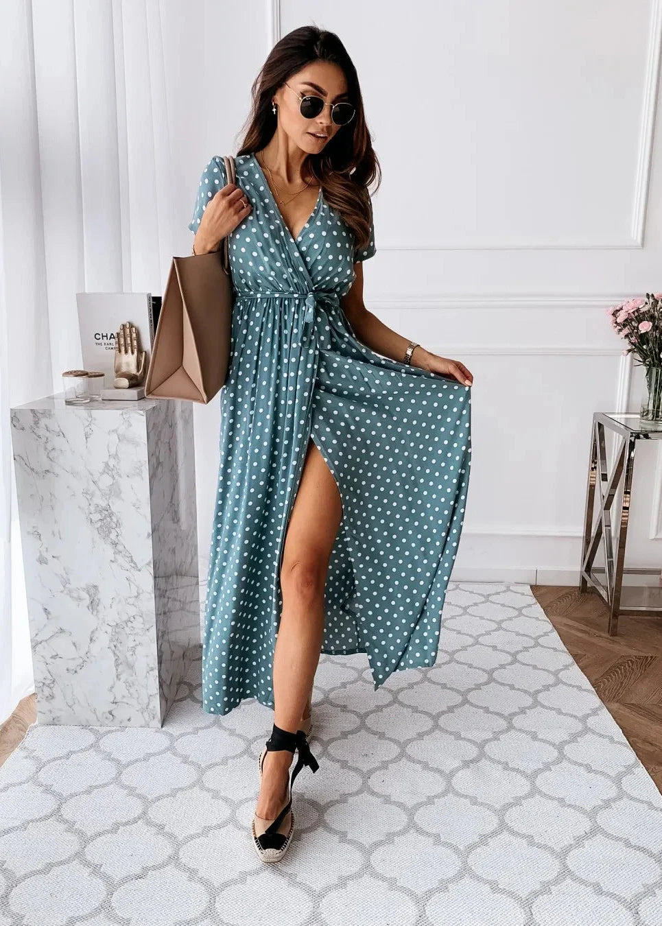 Robe bleue a pois boheme chic