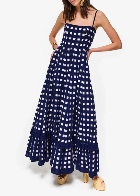 Boho Beach Vintage Plaid A-line Dress Checkerboard Print Ruffles Trim Flowy Dress Women Sleeveless Spaghetti Strap Maxi Dress