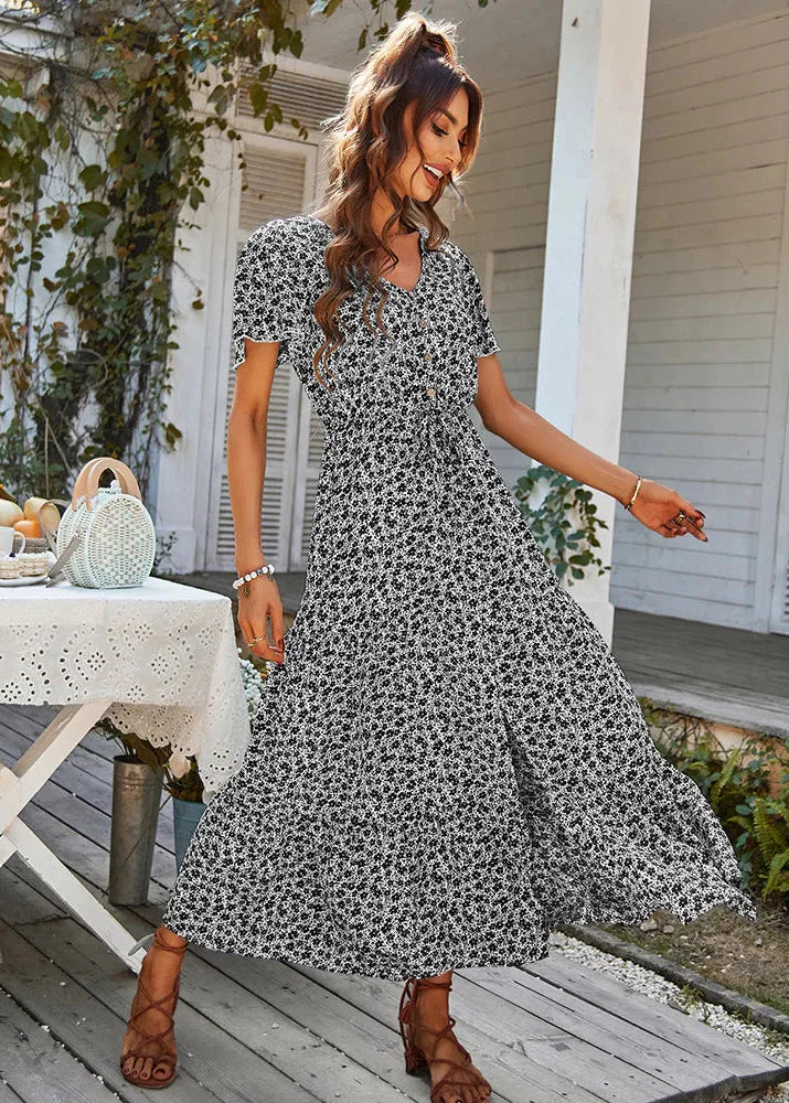 Ladies Vintage Long Floral Print Summer Dress Women Loose Casual Button Bohemian Beach Dress Women Sundress Robe Dresses Female