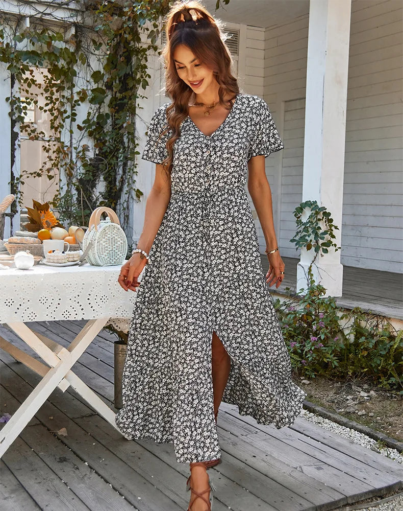 Ladies Vintage Long Floral Print Summer Dress Women Loose Casual Button Bohemian Beach Dress Women Sundress Robe Dresses Female