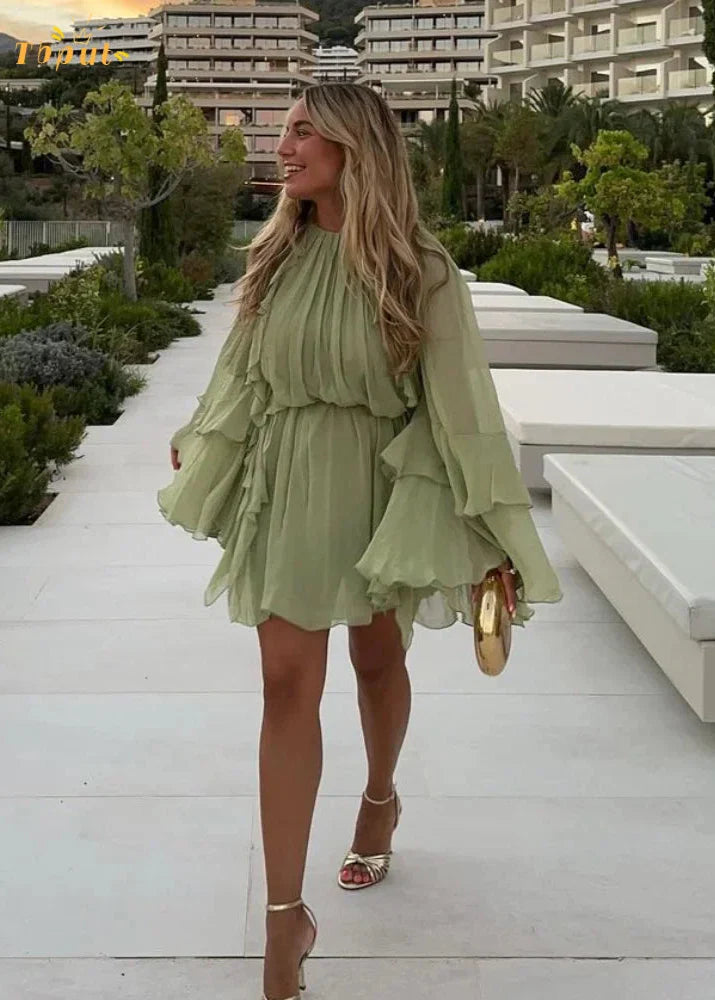 Green Water Bohemian Dress with Ruffles