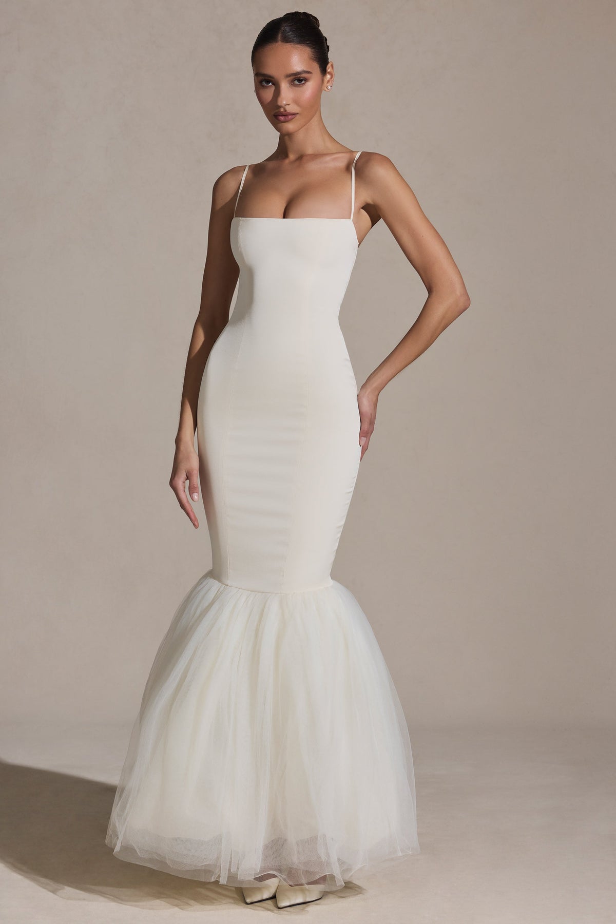 Tulle Hem Fishtail Gown in Ivory – view 6