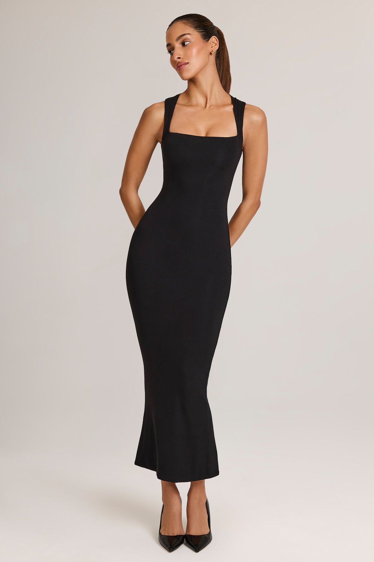 Modal Square-Neck Bodycon Midi Dress in Black – view 1