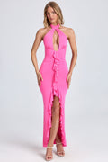 Ruffle-Trim Halterneck Gown in Lollipop Pink – view 1