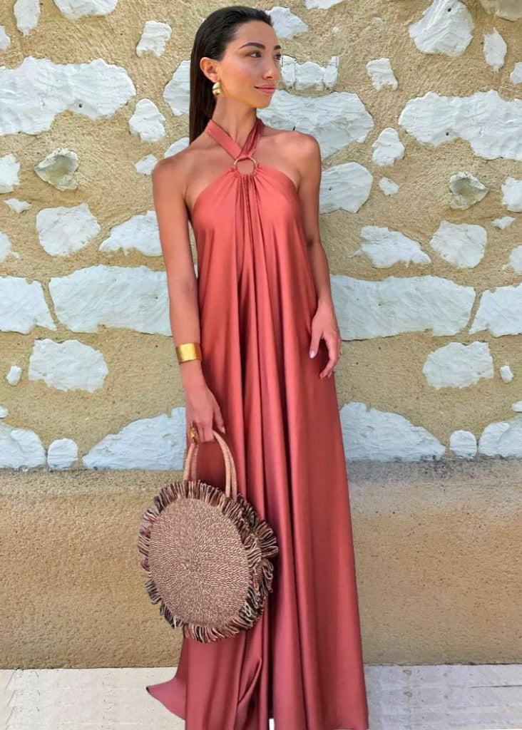 chic pink satin long dress for women