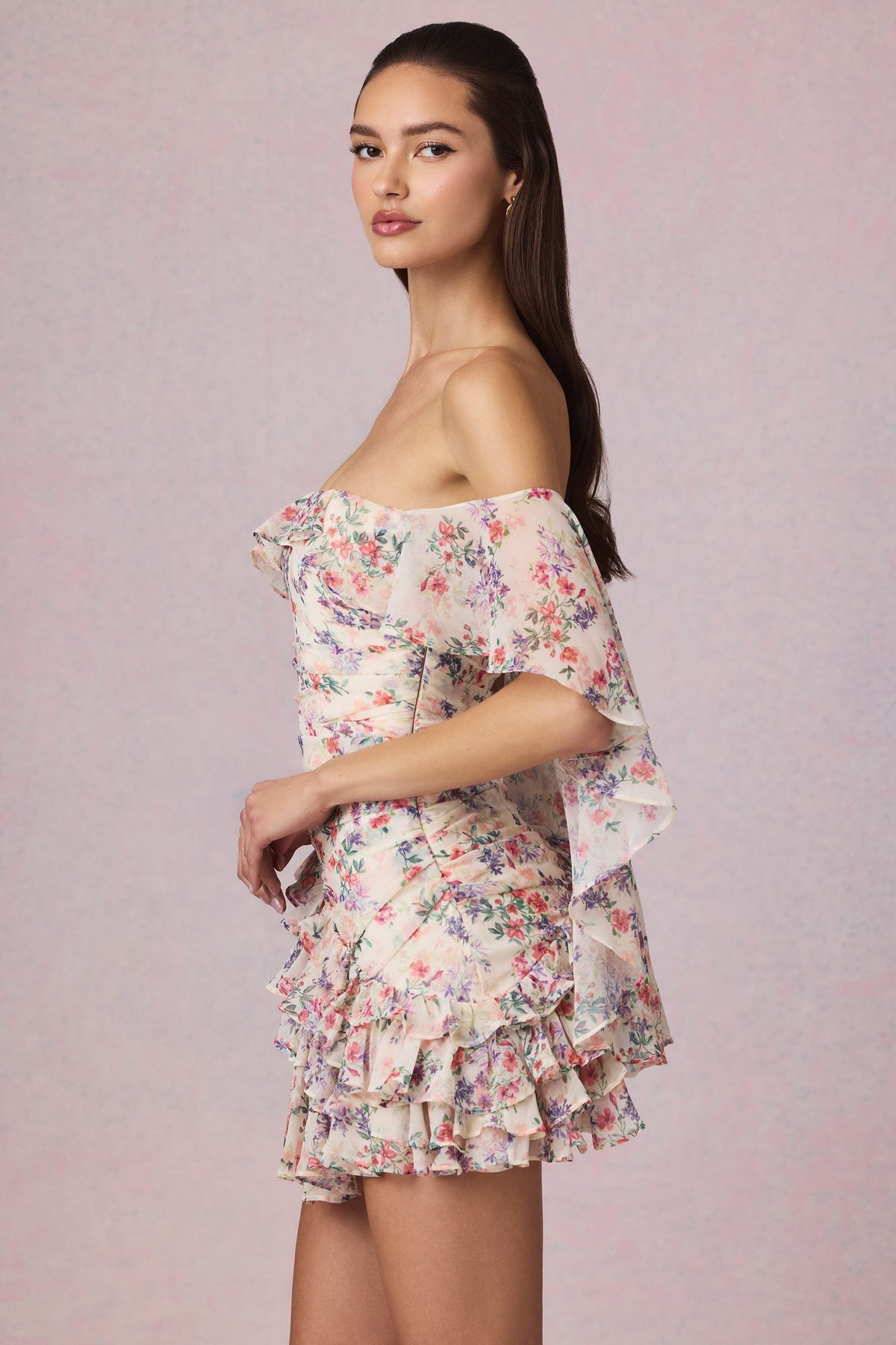 Off-Shoulder Ruffled Mini Dress in Primrose Floral Print – view 3