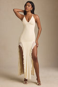 Ruched Ruffle-Trim Maxi Dress in Ivory – view 1