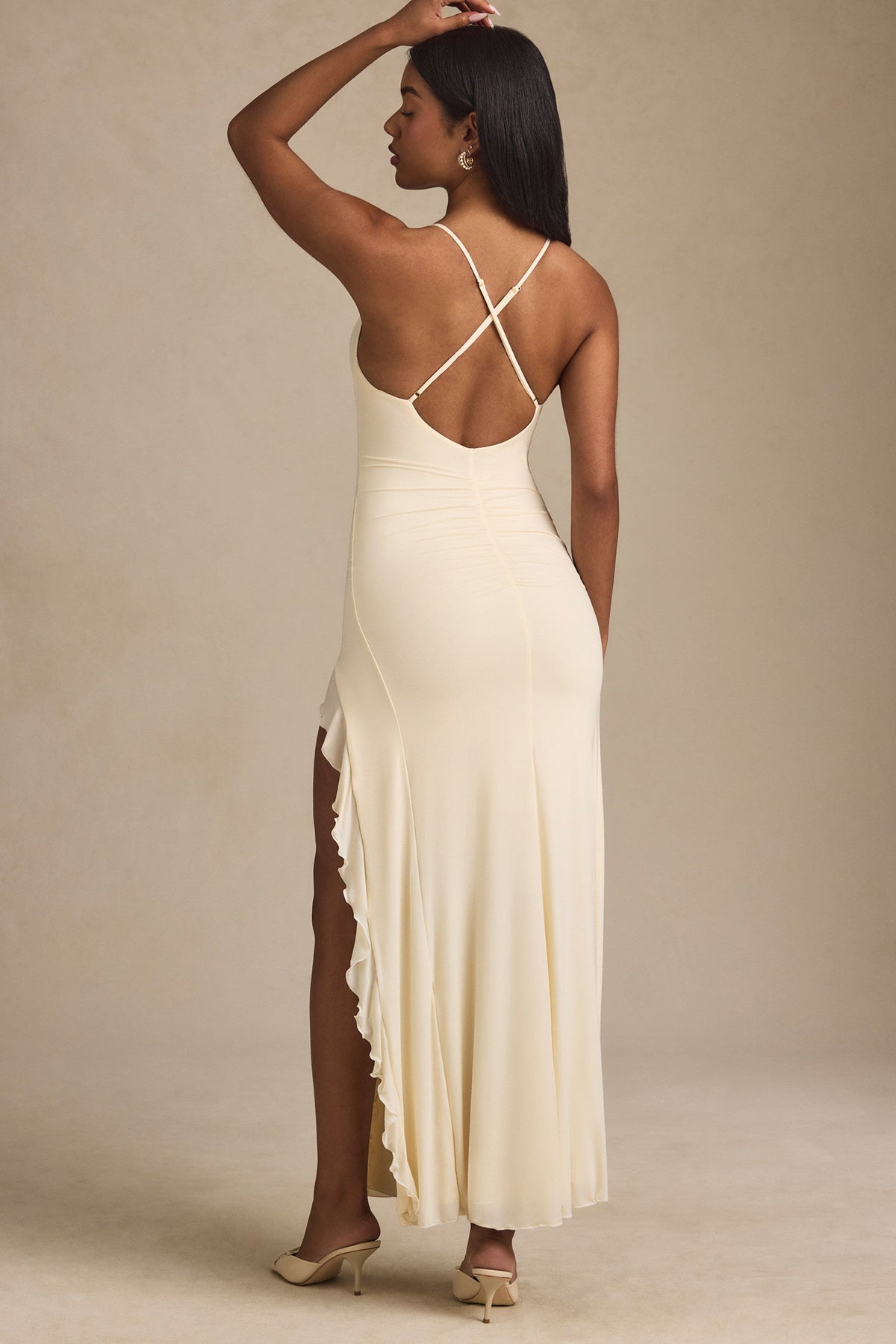 Ruched Ruffle-Trim Maxi Dress in Ivory – view 2