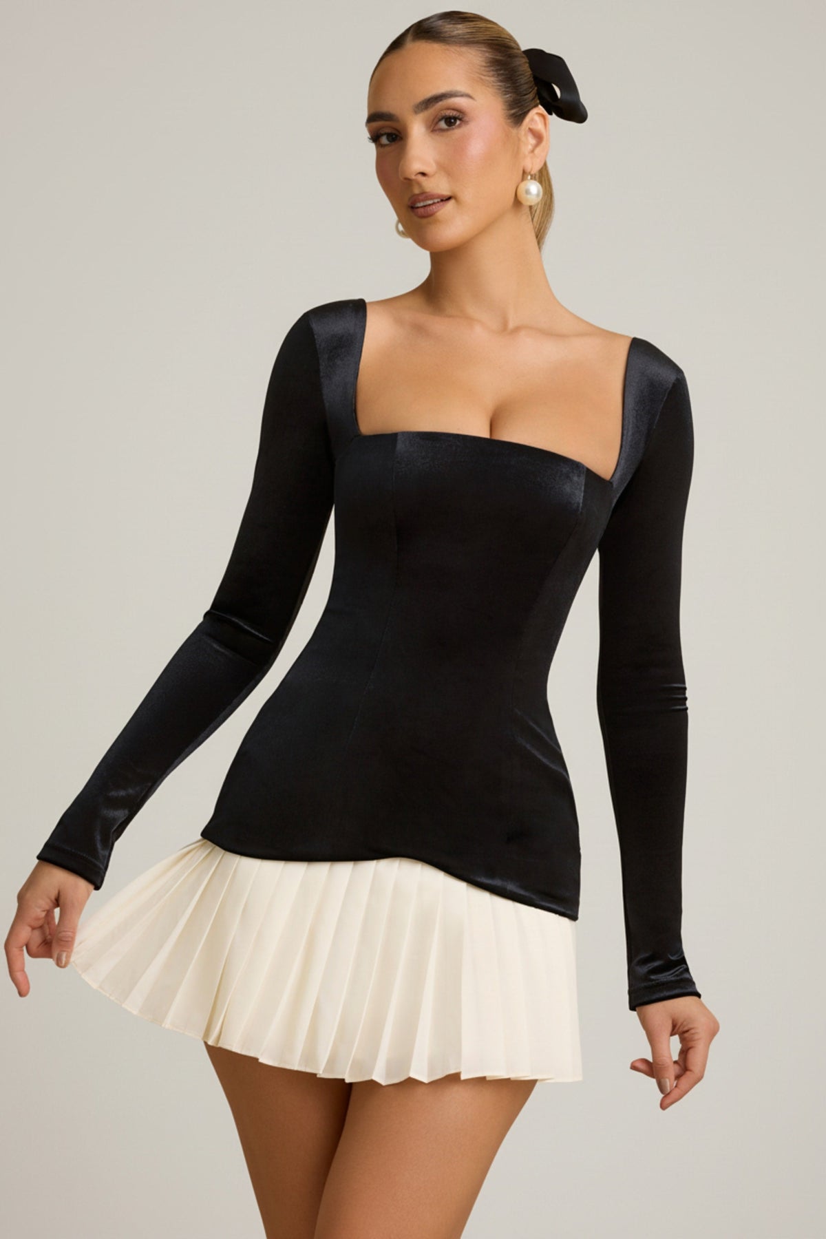 Layered Pleated Corset Mini Dress in Black – view 5