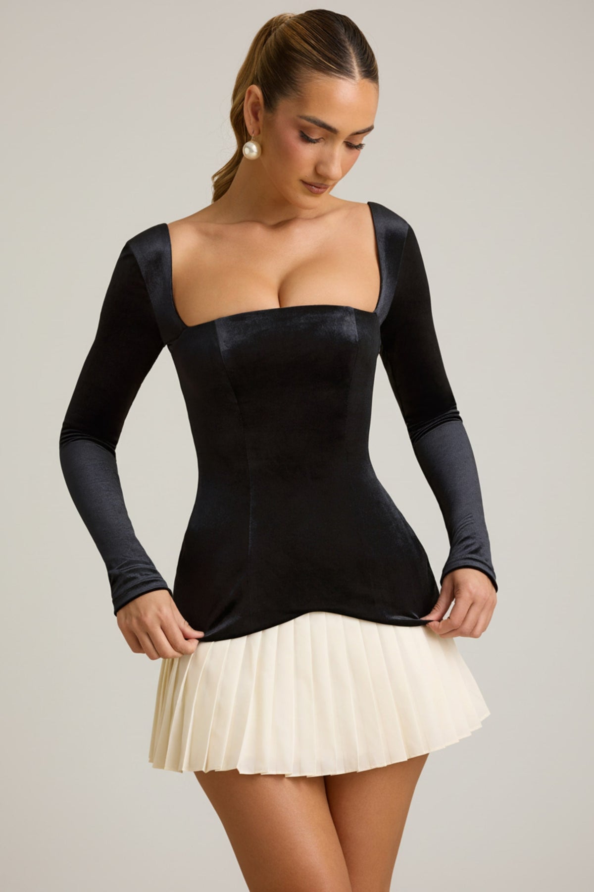 Layered Pleated Corset Mini Dress in Black – view 1