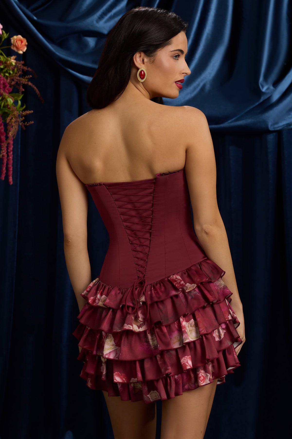 Strapless Ruffled Tiered Corset Mini Dress in Maroon Floral Print – view 8