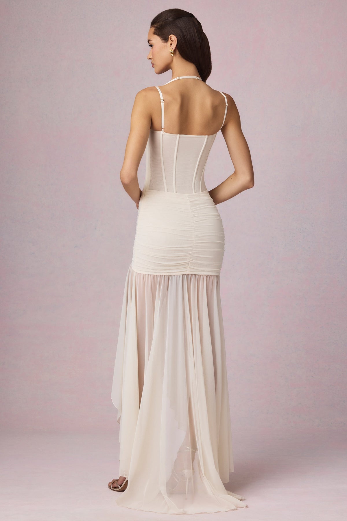 Ruched Asymmetric Corset Gown in Ivory – view 6