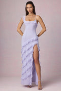 Asymmetric Ruffled Lace-Up Gown in Lilac – view 1