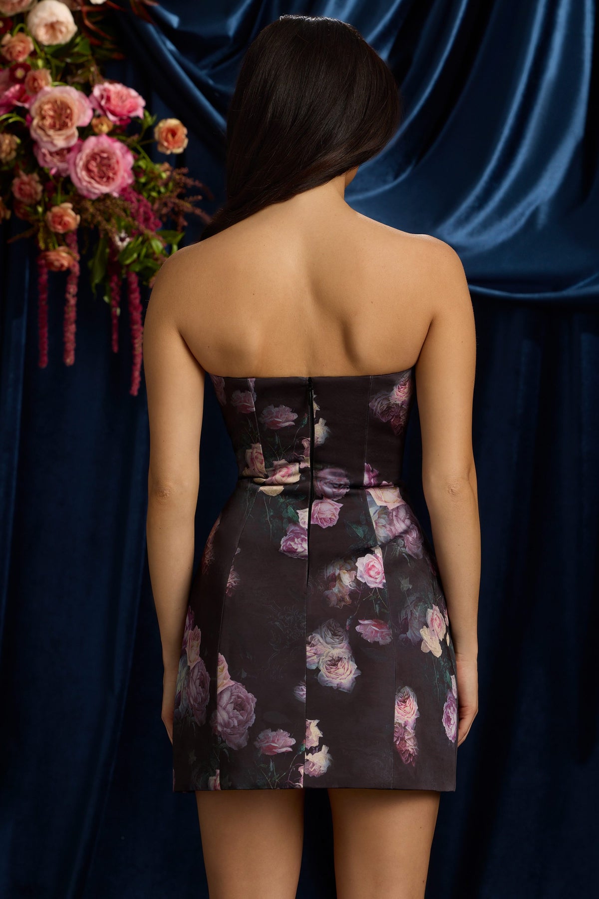 Strapless Structured Tulip Mini Dress in Black Floral Print – view 3