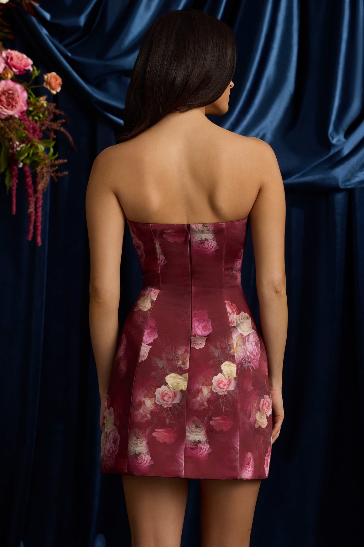 Strapless Structured Tulip Mini Dress in Maroon Floral Print – view 3