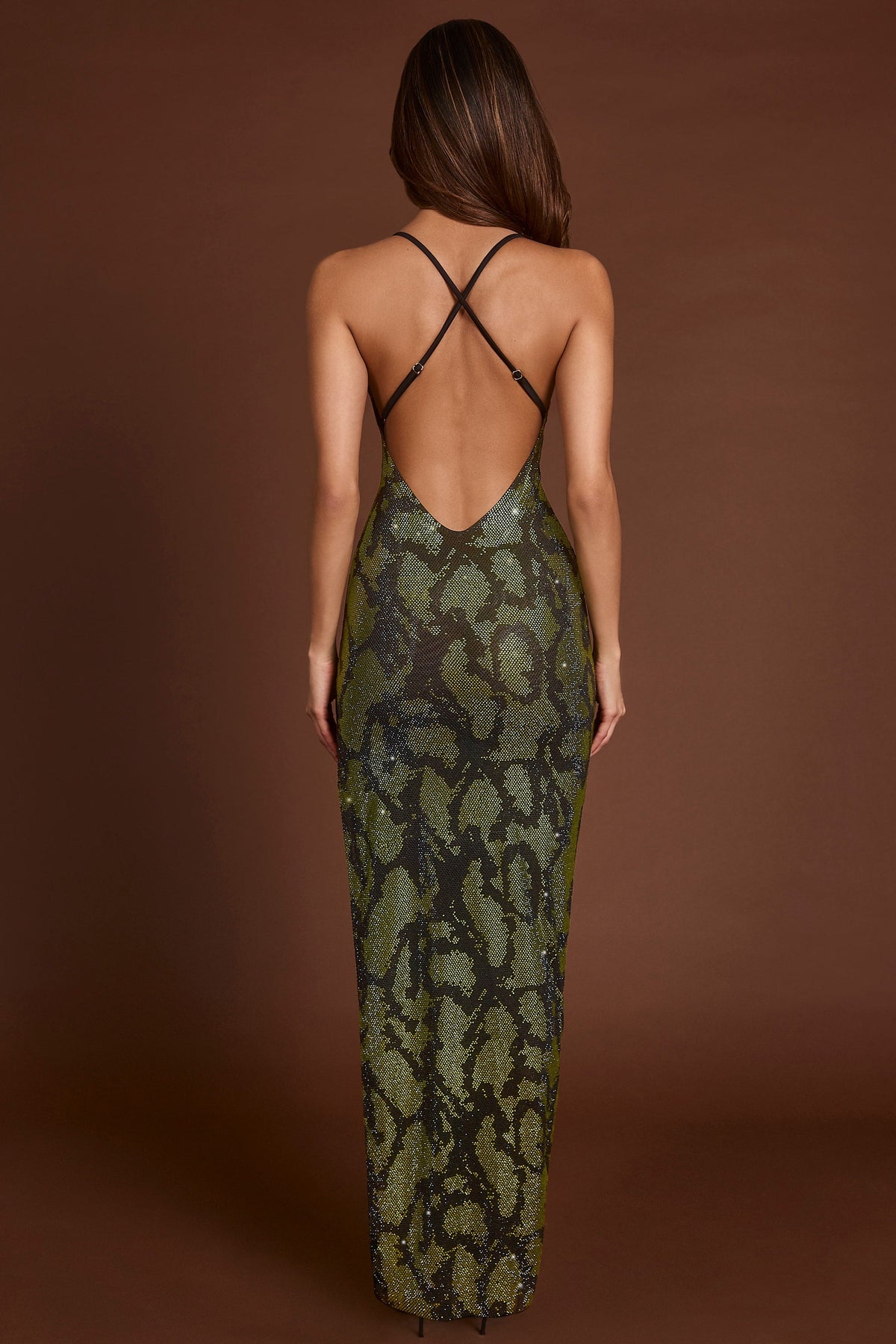 Embellished Halterneck Maxi Dress in Green Snake – view 2