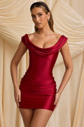 Satin Off-Shoulder Draped Mini Dress in True Red – view 1